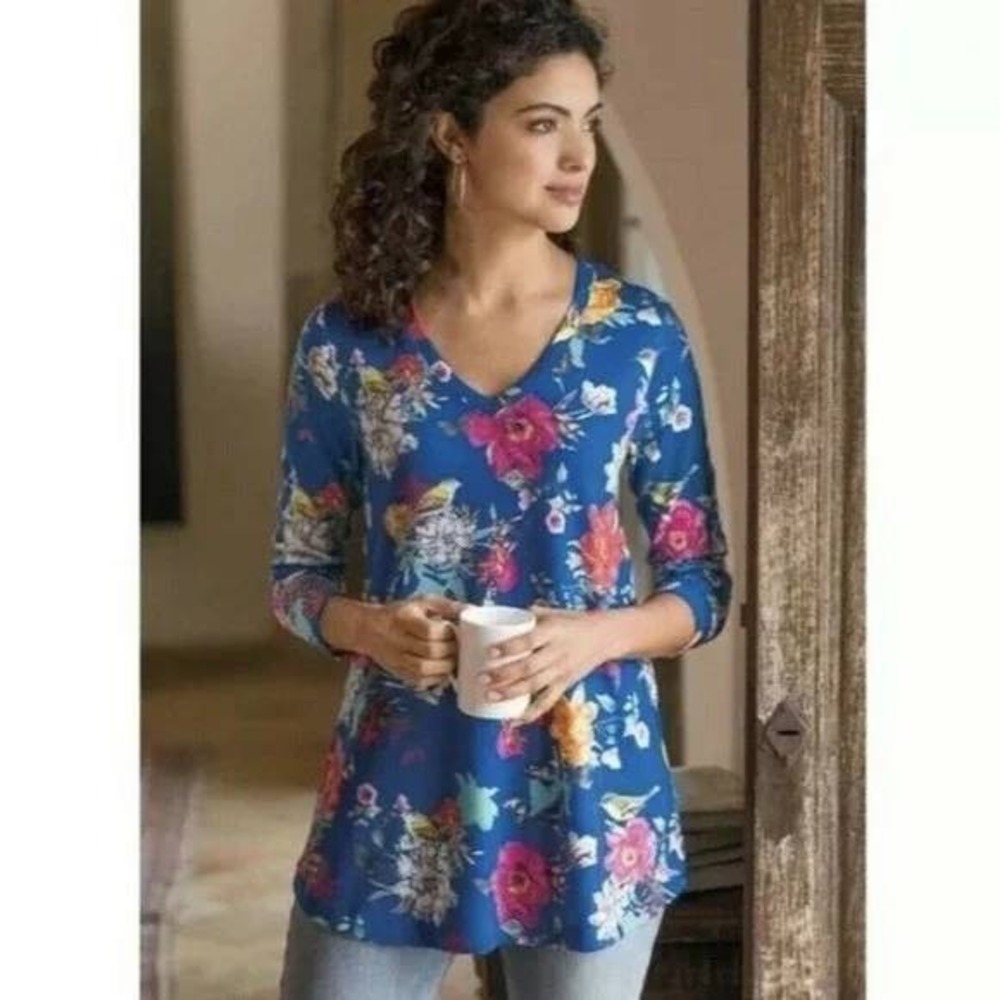 Soft Surroundings Blue Floral Butterfly Bird Long Sleeve Tunic Top NWT Sz XS - Picture 1 of 10